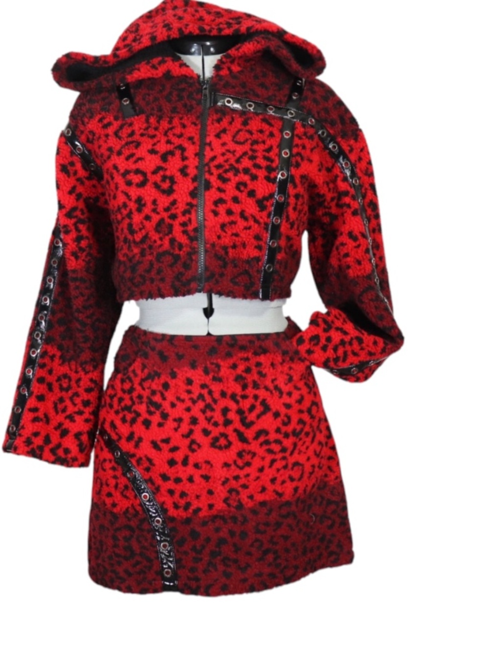 Dolls Kill Punk Hot Girls Red Leopard 3 Piece Set Jacket Skirt Leg Warmers